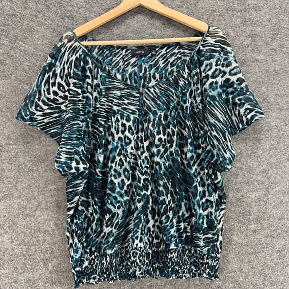 Apt. 9 Blouse Women XL Blue Animal Print Short Sleeve Round Neck Casual Comfort - Picture 1 of 7